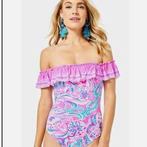 Lilly Pulitzer swim suit prosecco Pink Don’t be Jelly print ruffled off shoulder